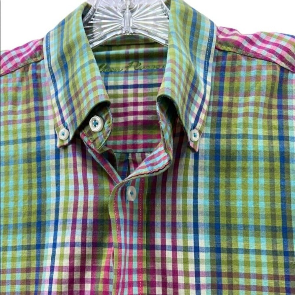 Alan Flusser Mens Medium Pink Green Plaid Button Down Long Sleeve Dress Shirt - Picture 3 of 8